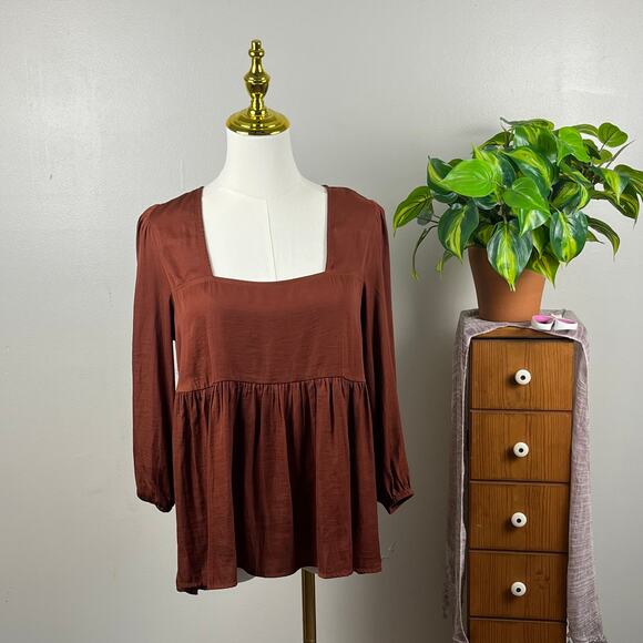 Dolan Left Coast Collection Brown Baby Doll Top with 3/4 Length Sleeves Small - Picture 3 of 11